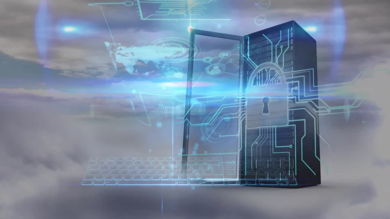 Animation of arrows, data processing and servers over clouds