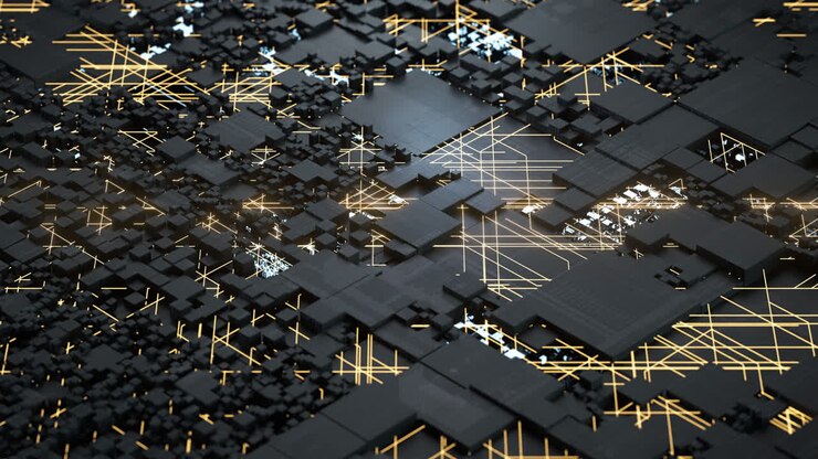 Circuits and cubes with dark background, 3d rendering.