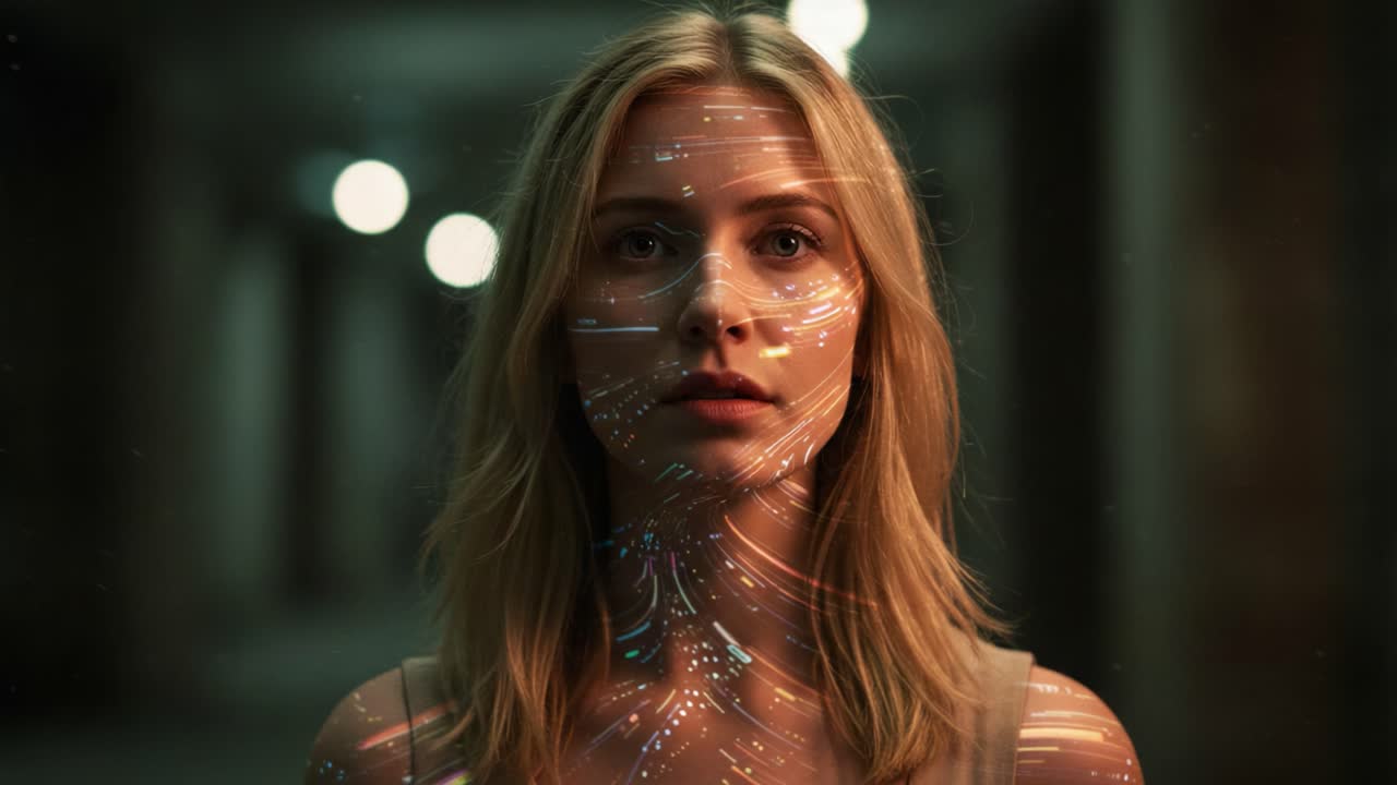 A woman's face illuminated with vibrant luminous patterns, set against a dark, atmospheric background that adds an air of mystery and intrigue to the scene