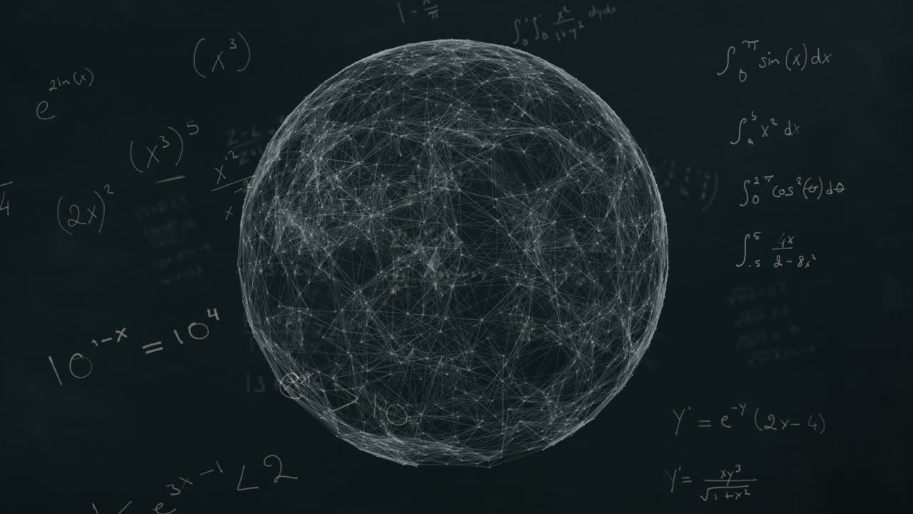 animación de globo giratorio y fórmulas matemáticas en fondo negro