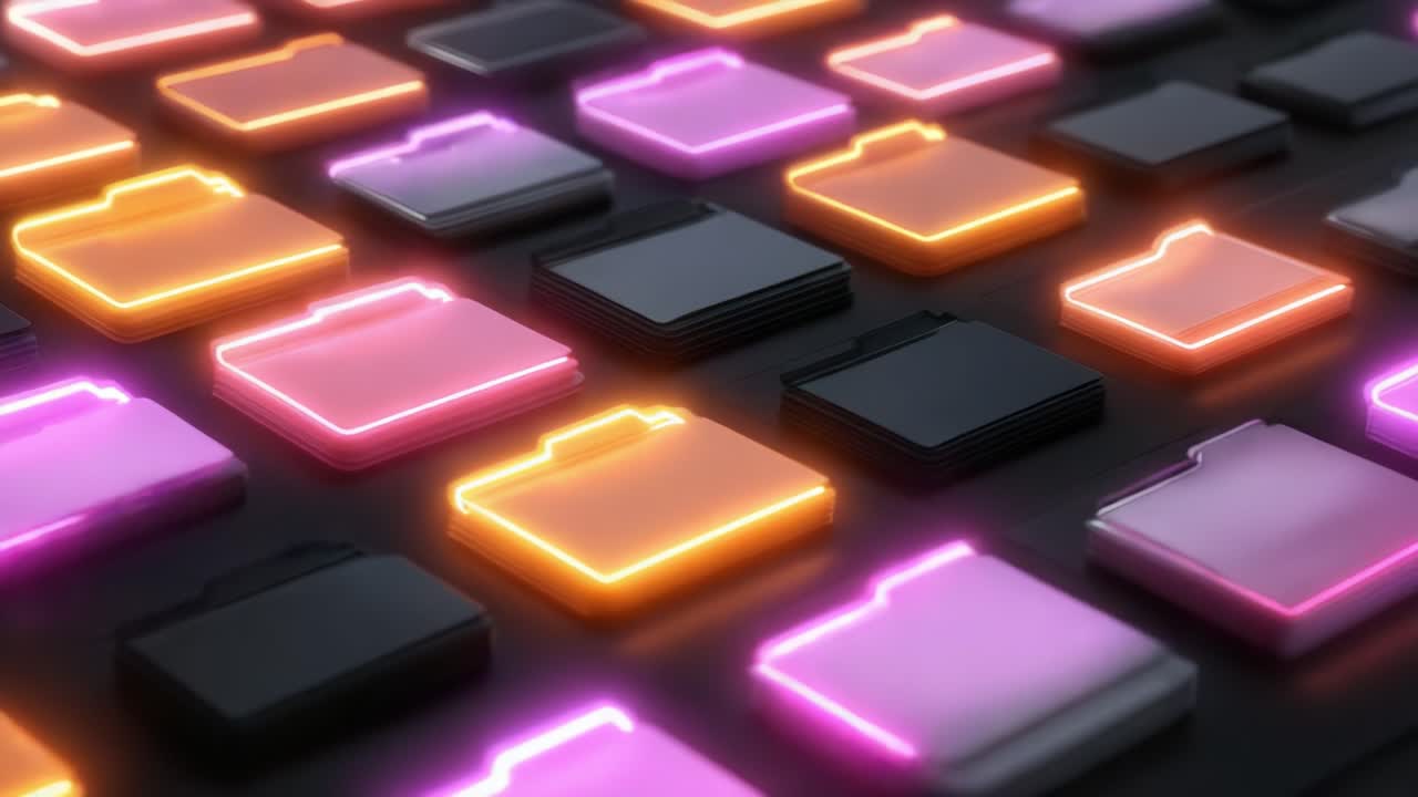 A Vibrant Display of Digital Folders with Illuminated Edges Creating a Modern Aesthetic for Organizing and Accessing Files in a Visual Landscape