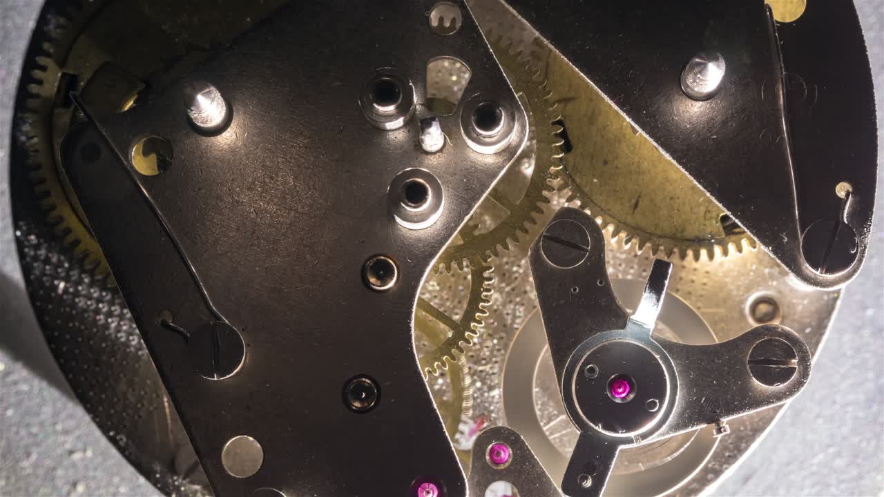 близкий взгляд на старый часовой механизм в работе.