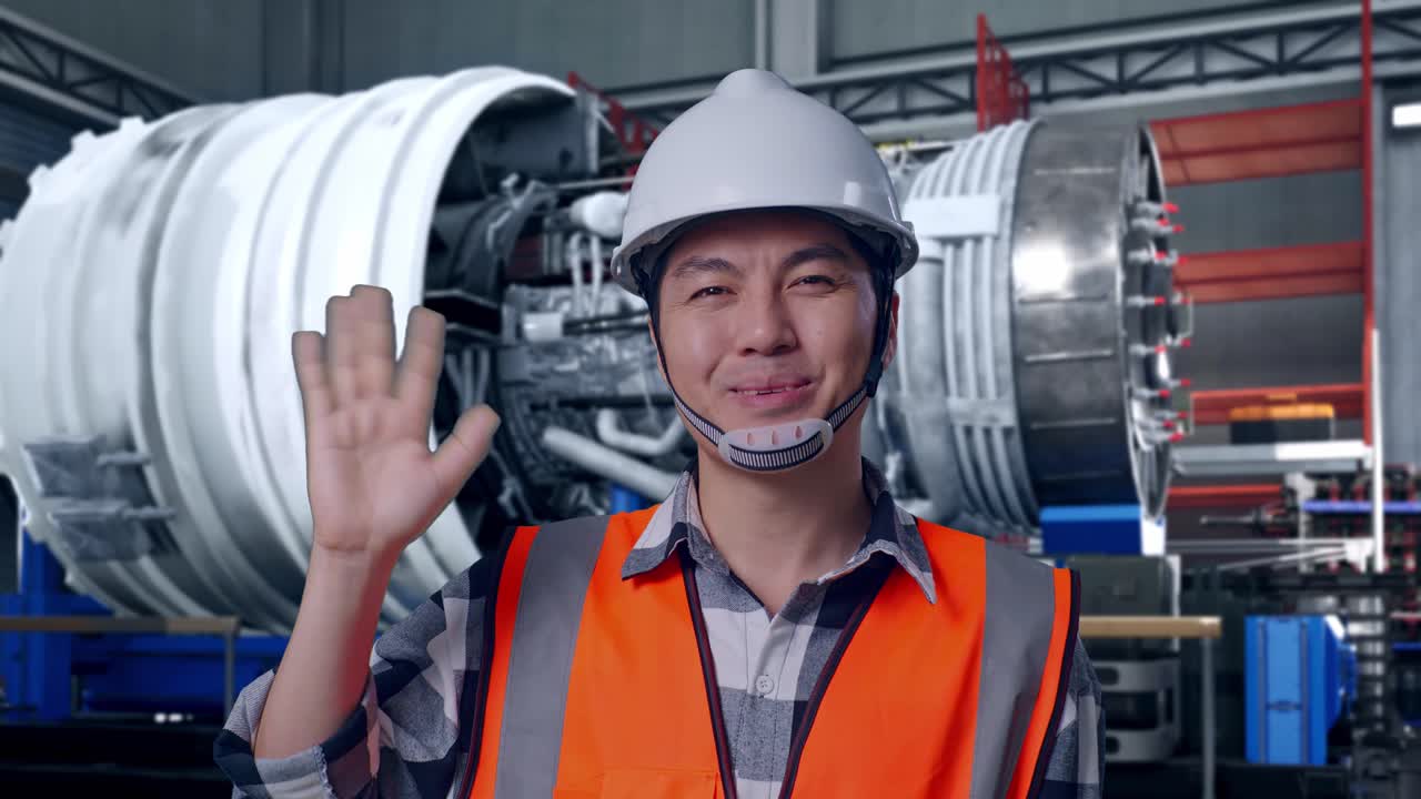 Close Up Of Asian Male Engineer With Safety Helmet Smiling To Camera And Waving Hand Saying Bye While Standing With Airplane Engine Maintenance Conducted, Analytics Checking the Turbine