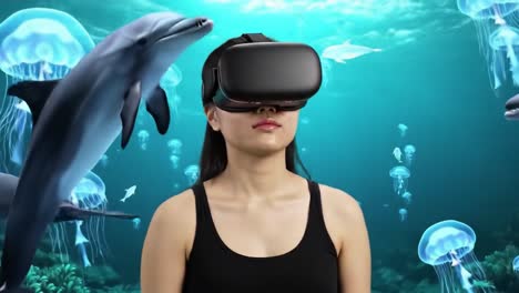 unique experience of exploring marine life using immersive technology while surrounded by vibrant jellyfish and dolphins. engage with the beauty of the ocean in a whole new way.
