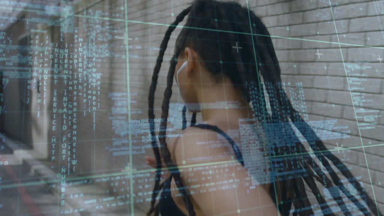 Woman adjusting earbud, checking watch, accelerating down alley with AR code tracking fitness