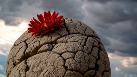 red flower blooming on cracked desert ground