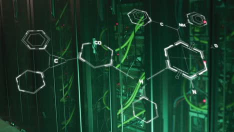 Animation-of-connected-molecule-structures-over-wires-of-data-server-machinery-in-background