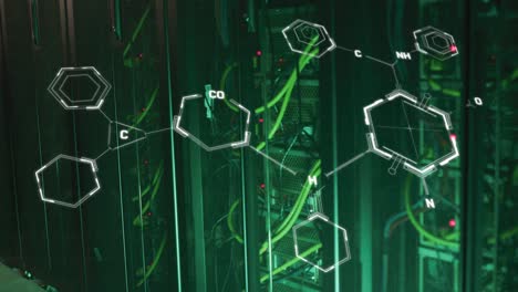 animación de estructuras moleculares conectadas a través de cables de maquinaria de servidor de datos en el fondo