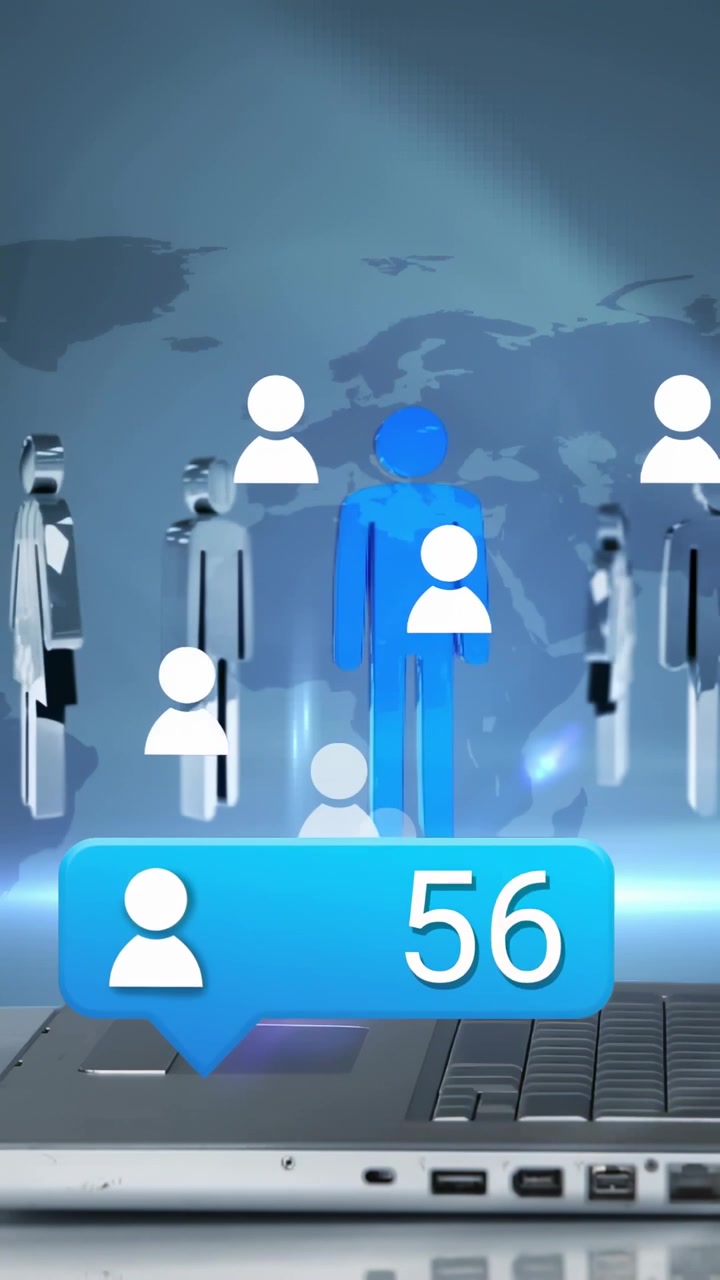 Vertical video: Blue callout counting users while hand pressing keys, icons rising, showing growth