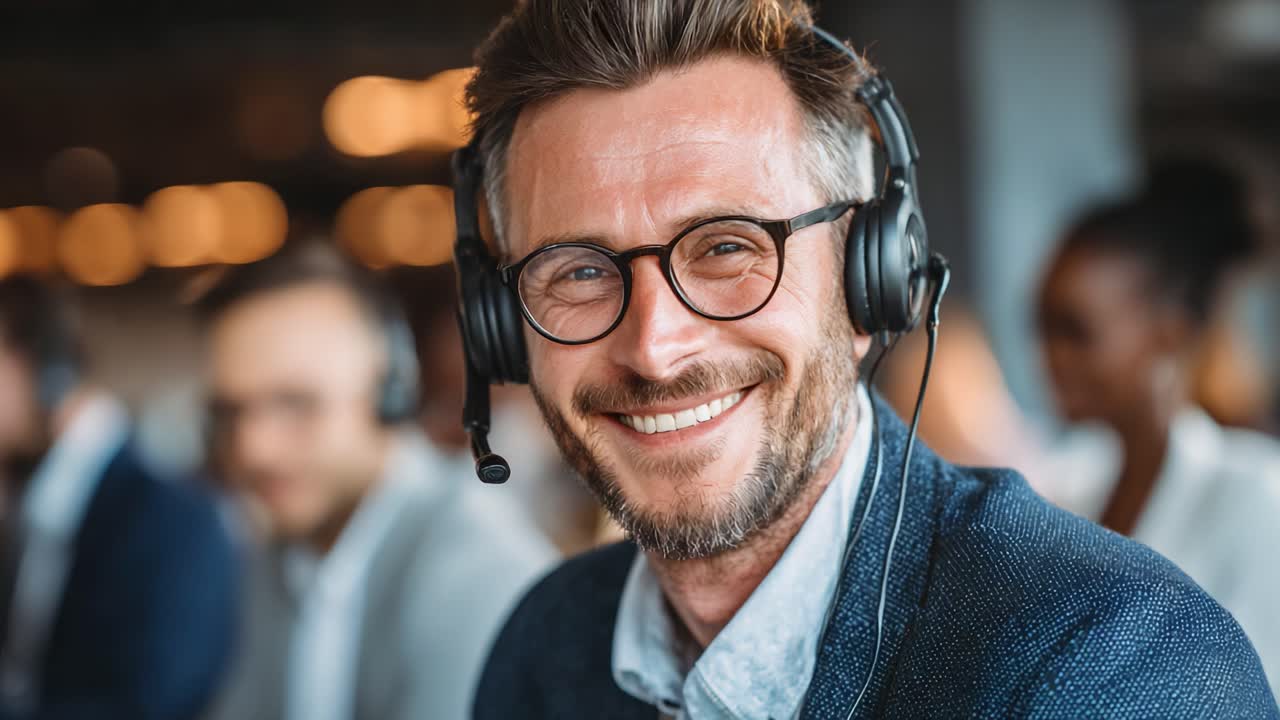 En dynamisk og profesjonell person som smiler med hodetelefoner i et moderne kontormiljø, som fanger glede og engasjement på en arbeidsplass