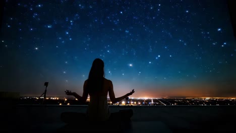 woman meditating under the stars on a rooftop