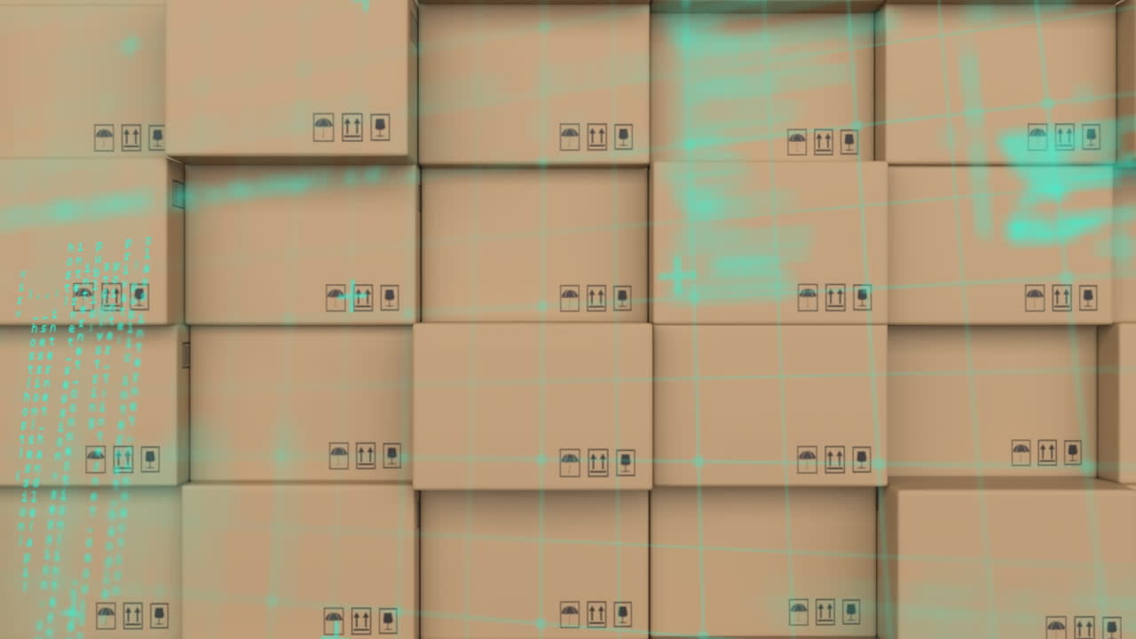 Animation of data processing over stack of cardboard boxes