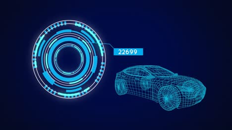 Animation-of-3d-car-drawing,-scope-scanning-and-data-processing