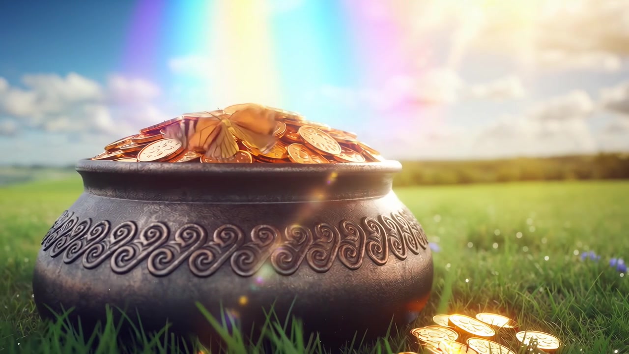 Pot of Gold Coins in a Grassy Field with a Rainbow