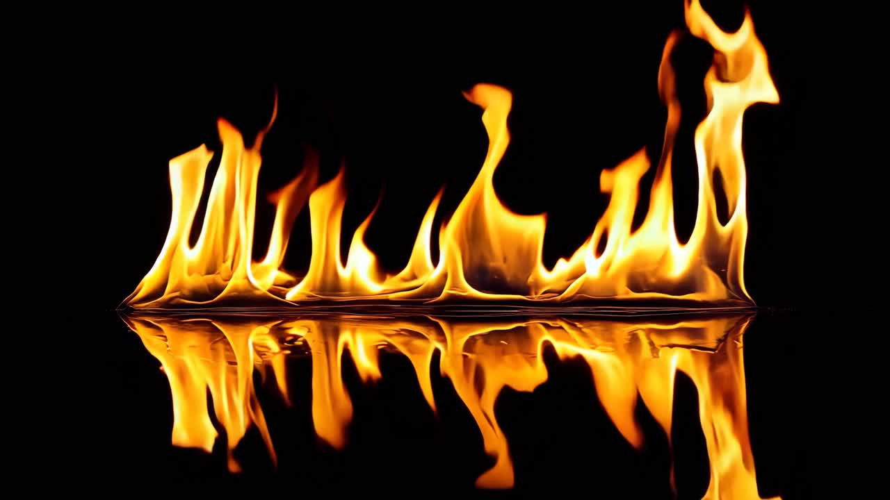 불꽃이 검은 표면의 물에 반사됩니다.