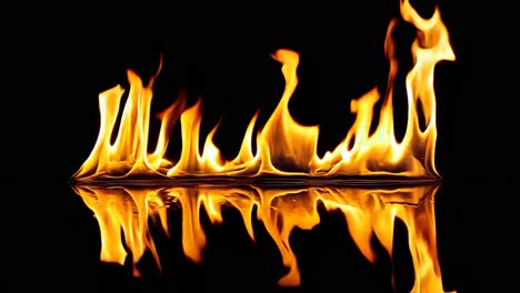 una llama de fuego se refleja en el agua en una superficie negra