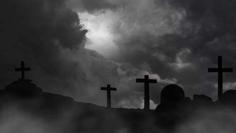 4k silhouette, graveyard on rocky hill thunderstorm background