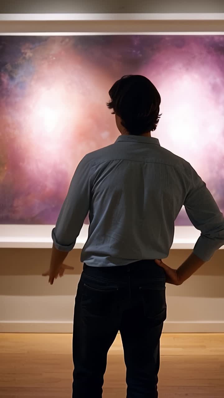 A Contemplative View: A Viewer Reflects on a Colorful Abstract Artwork in an Art Gallery, Immersed in the Experience of Art's Emotional Impact and Beauty