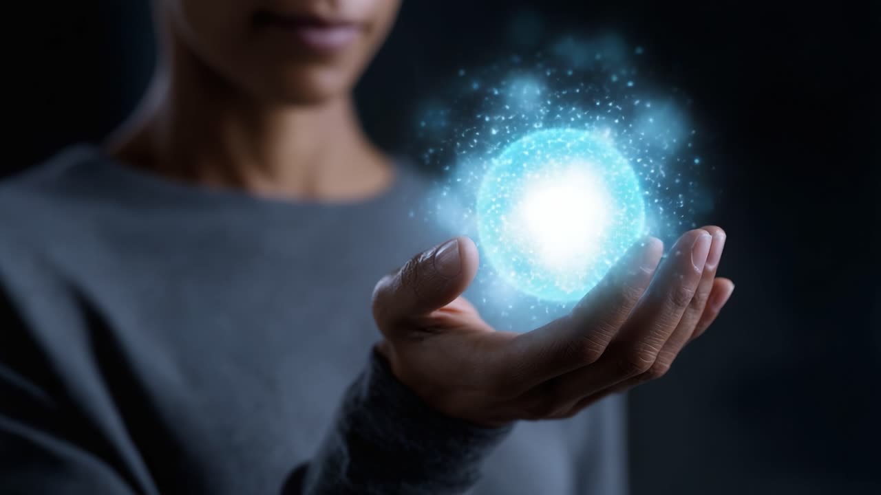 Uma exibição hipnotizante de energia e luz, onde uma pessoa segura um orbe brilhante na mão, simbolizando a criatividade, o poder e os mistérios do universo.