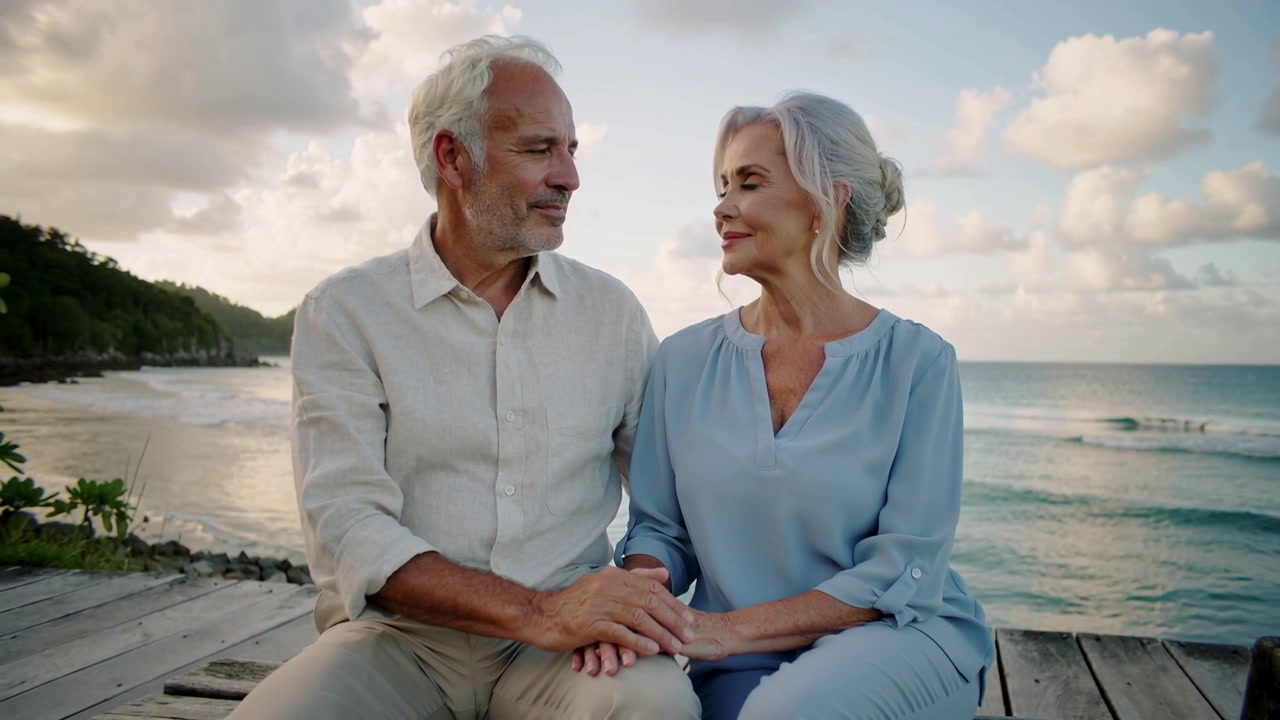 Coppia anziana che si tiene per mano, con le mani sovrapposte, e si guarda con amore su un ponte di legno, con l'oceano.