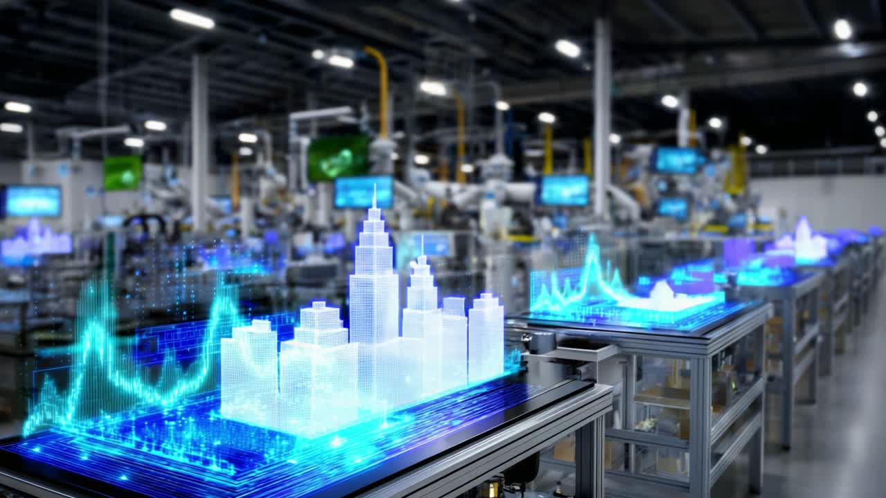 A High-Tech Manufacturing Facility with Advanced Visualization Techniques, Showcasing Dynamic Data Patterns and 3D Architectures Emerging from Digital Workstations, Highlighting Innovations in Industry 4.0