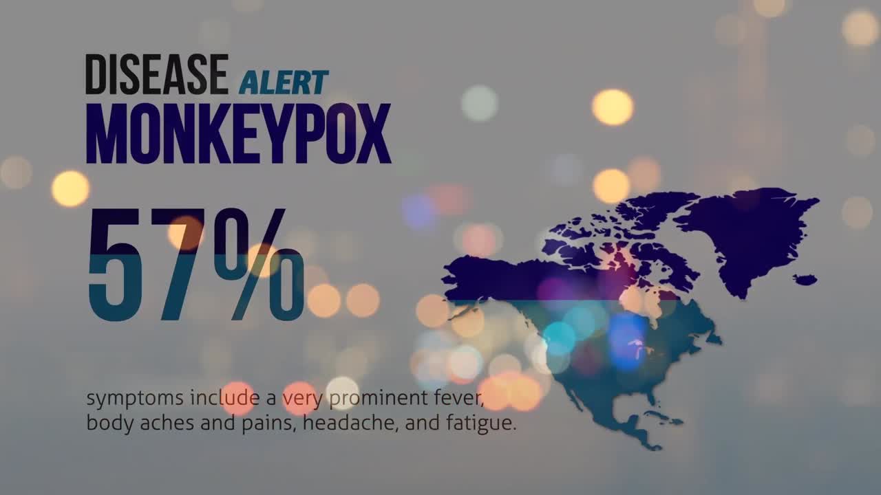 Animation of monkey pox alert 57 percent over world map and night road traffic