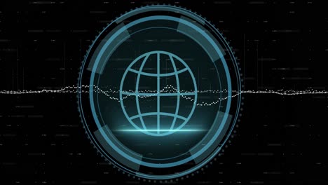 Animation-Von-Diagrammen-über-Dem-Globus,-Cybersicherheitstext-Im-Schild,-Ladekreise-Auf-Schwarzem-Hintergrund