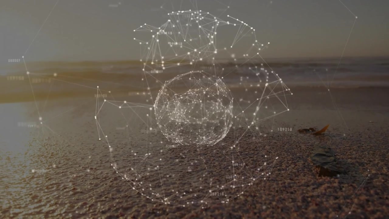 On sequence start showing sunset shore, network sphere appearing pulsing rotating showing data
