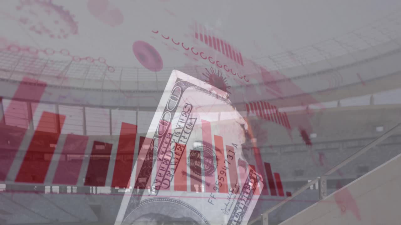 경기장 위의 바이러스 아이콘과 그래프의 애니메이션