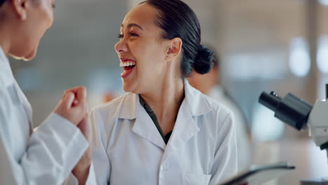 teamwork, scientist or women high five