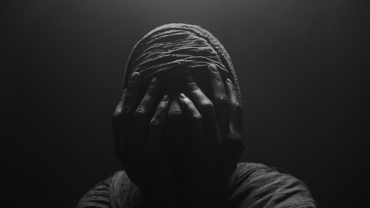 A mummified woman against the dark background in keeps her hands on her face the powerful pose full of despair