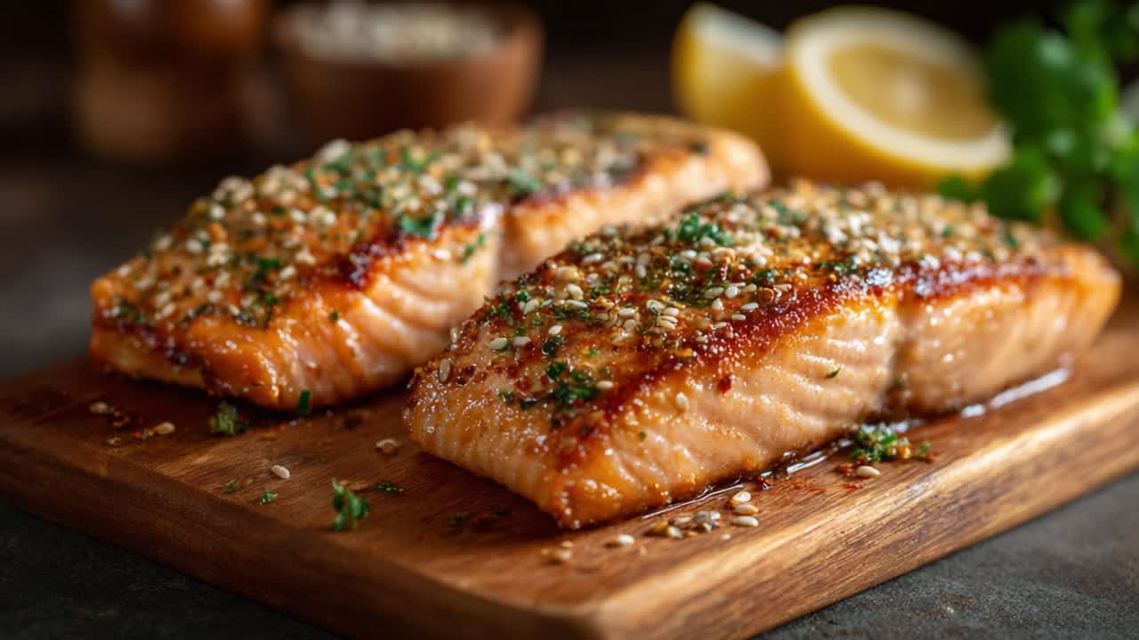 Herkullista grillattua lohta yrtti- ja seesamikuorrutteella, tarjoiltuna puulaudalla tuoreiden sitruunaviipaleiden ja ripoteltujen vihreiden salaattien kera. Täydellinen gourmet-illalliselle