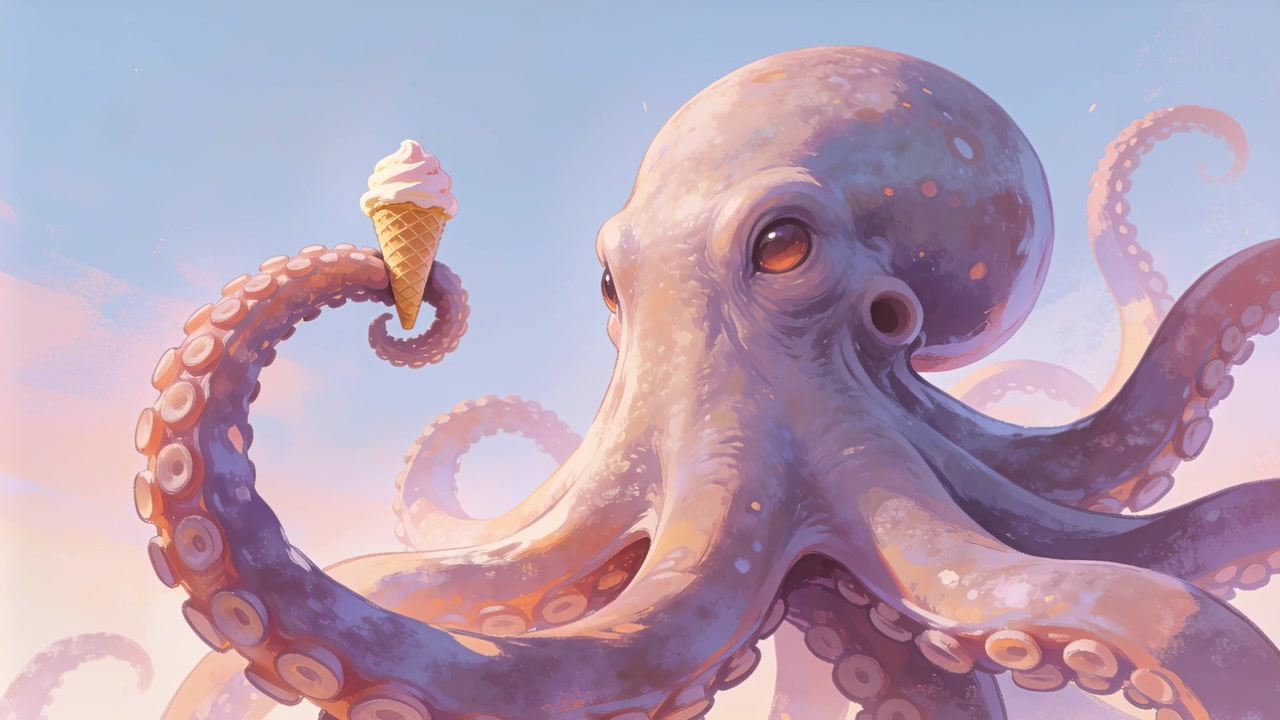 Polpo stilizzato in equilibrio che sposta un tentacolo per tenere in verticale un cono gelato soft in un cielo pastello al tramonto.