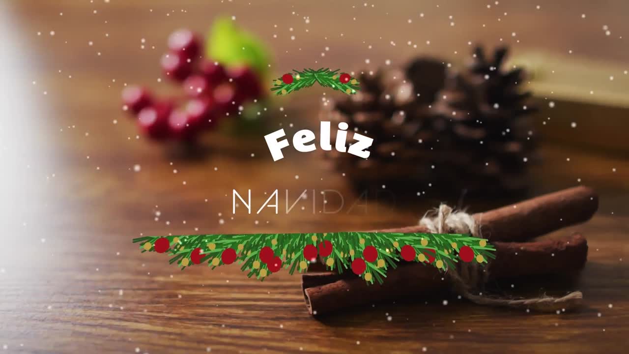 animación de las estaciones navideñas saludos con nieve cayendo sobre las decoraciones navideñas