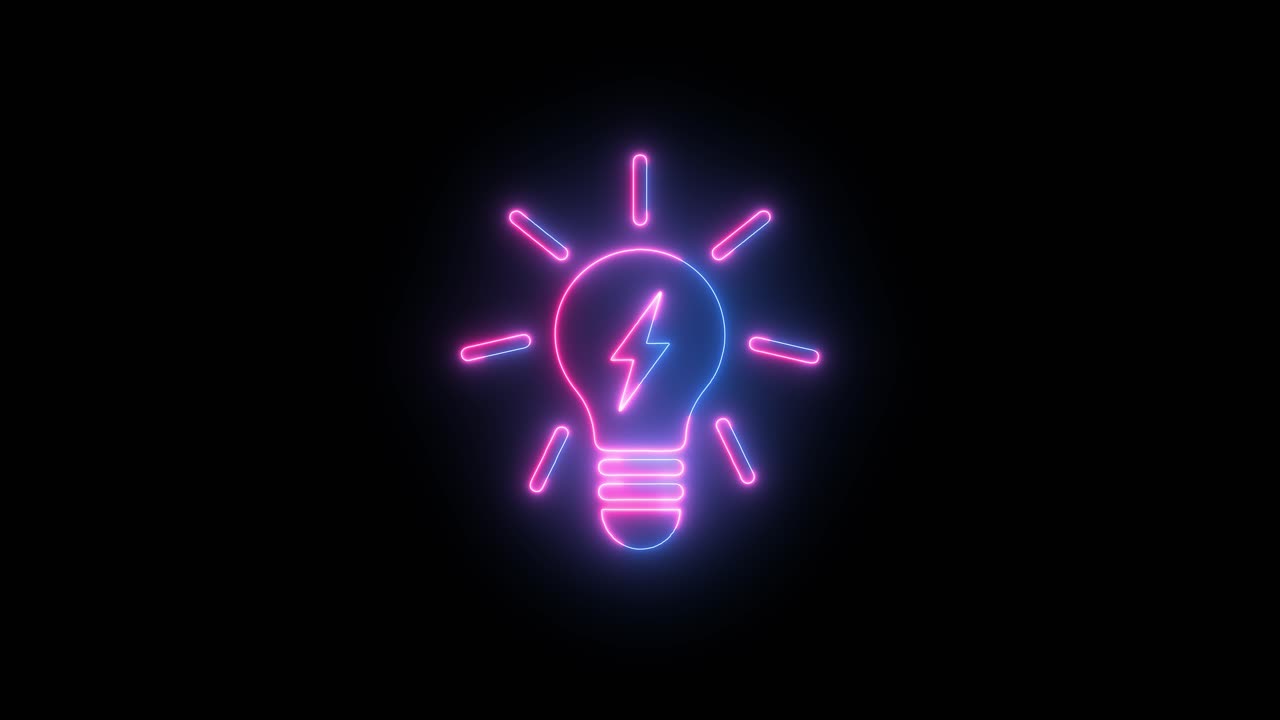 Neon Glowing Light Bulb with Lightning Bolt Symbol