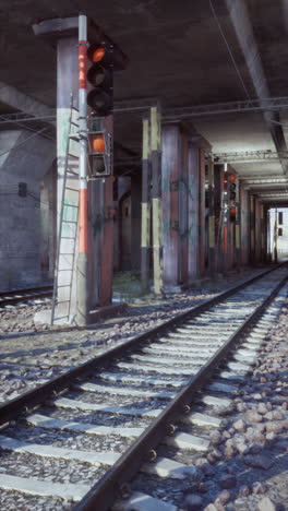 underneath a bridge, railroad tracks