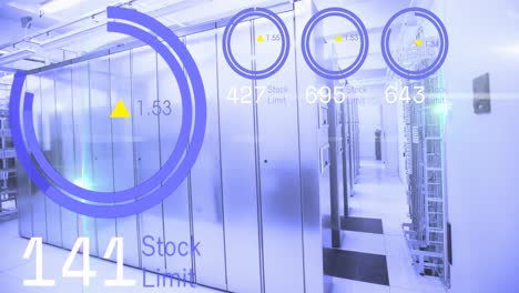 Animation-of-stock-market-data-processing-and-light-spot-against-computer-server-room