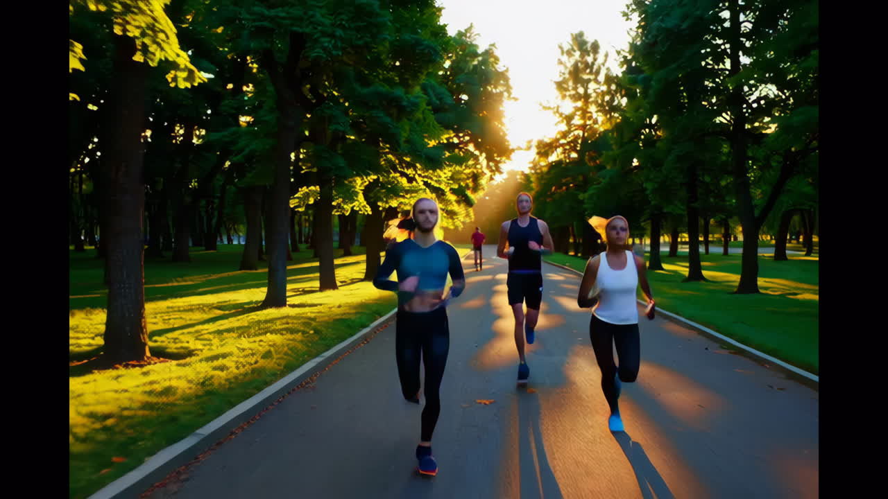 Group of runners in a park at sunset