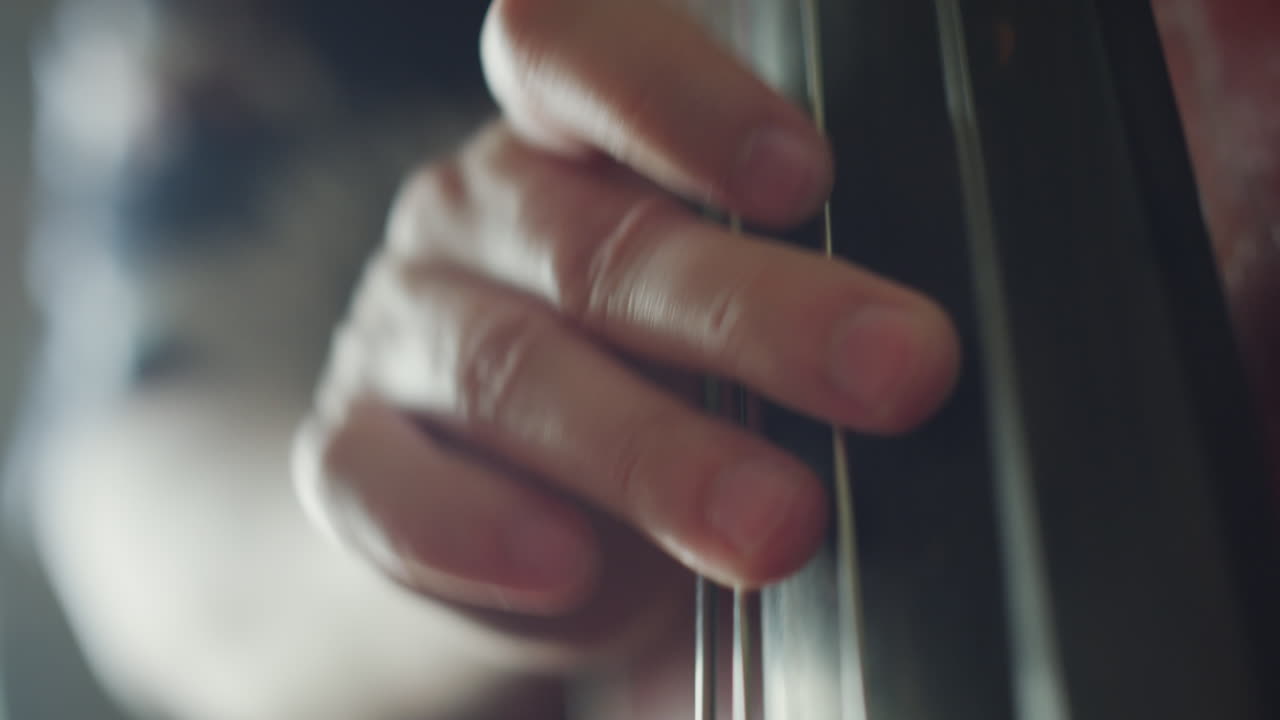 Close-up of a hand playing strings on a musical instrument