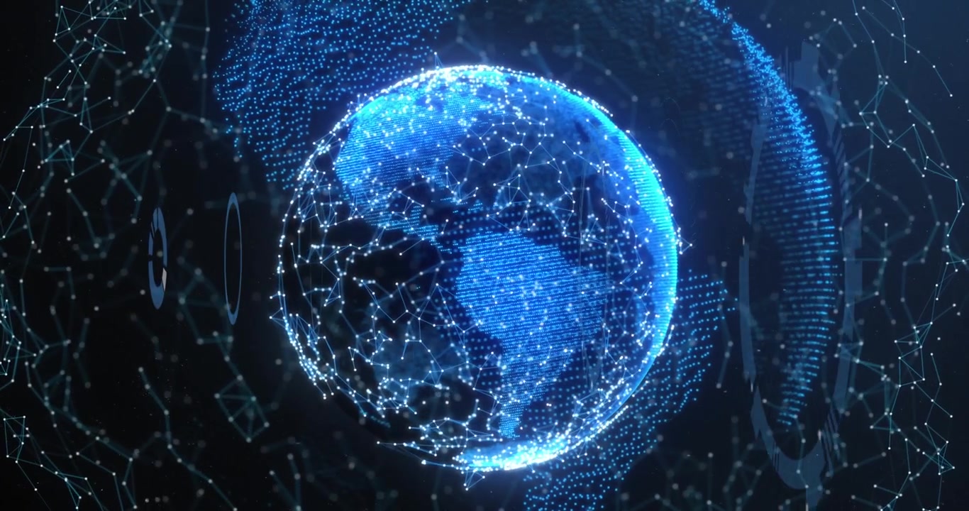 Animation of loading circles with connected dots around globes over abstract background