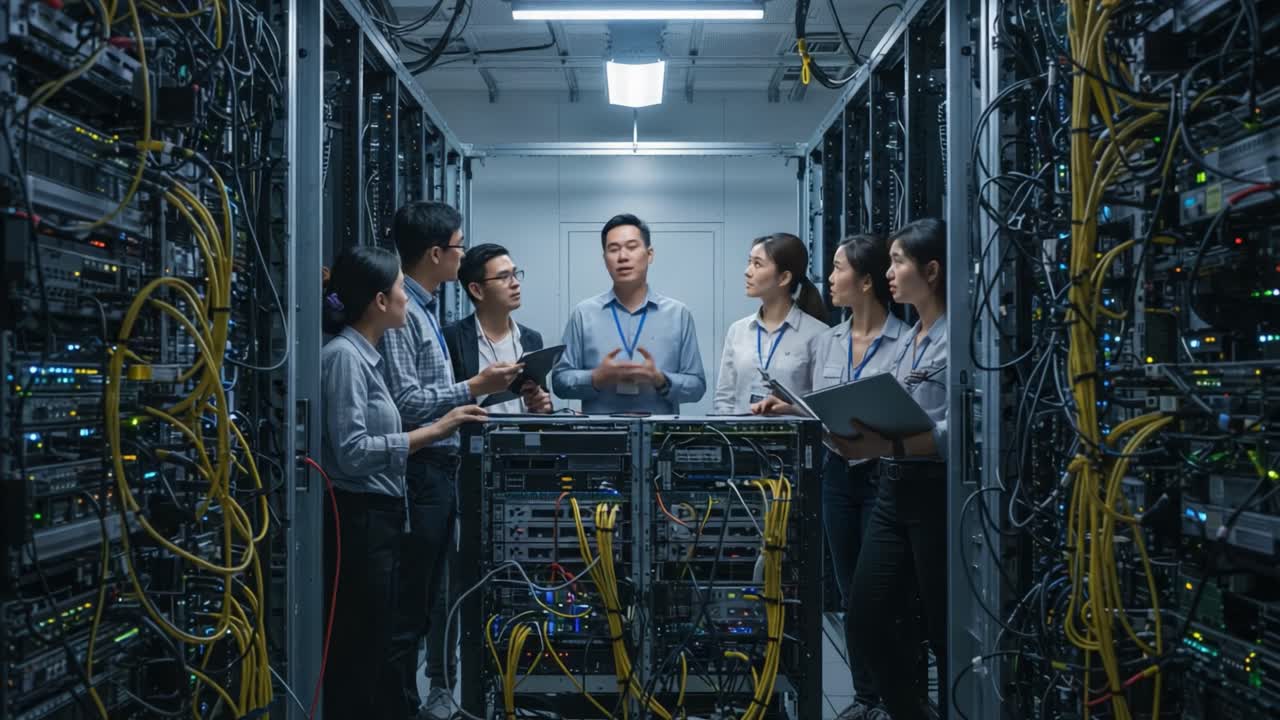 Team Collaboration in a Data Center: A Group of Professionals Engages in Discussion Around Server Racks, Analyzing Data and Strategizing Solutions for Enhanced Network Performance