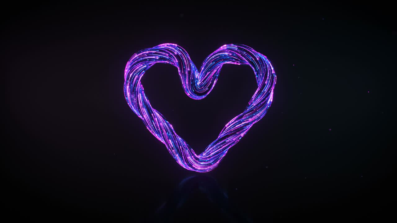Forma a cuore di scie di luce ultravioletta, animazione 3D renderizzata in loop continuo