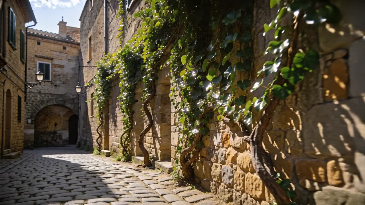 Telecamera che si allontana mostrando rampicanti su un muro di pietra lungo un vicolo acciottolato, rivelando un arco.