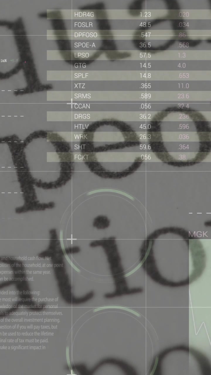 Vertical video: Grid appearing, HUD overlays animating pie bars line over text showing analysis