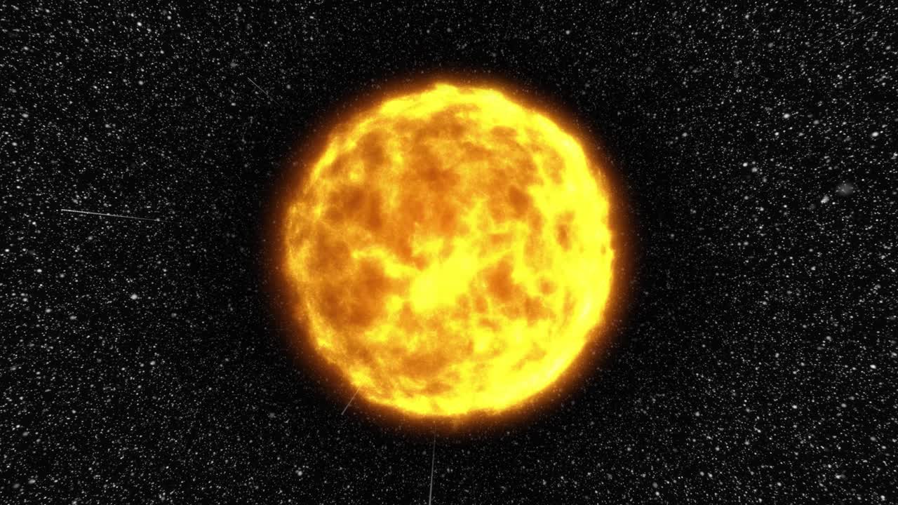 Animation af brændende solstjerne, glødende astronomisk rumbaggrund med zoom-ind effekt af stjernestøv.