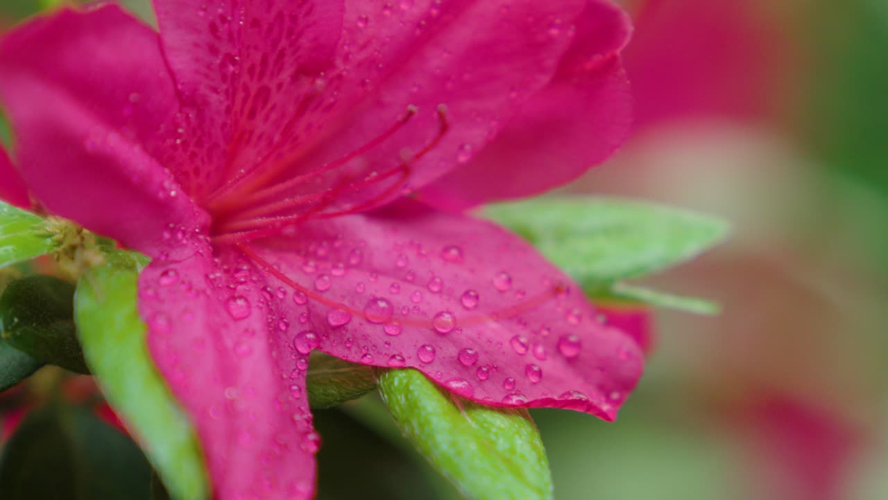 Slow motion extreme close up of a pink flower in the rain.