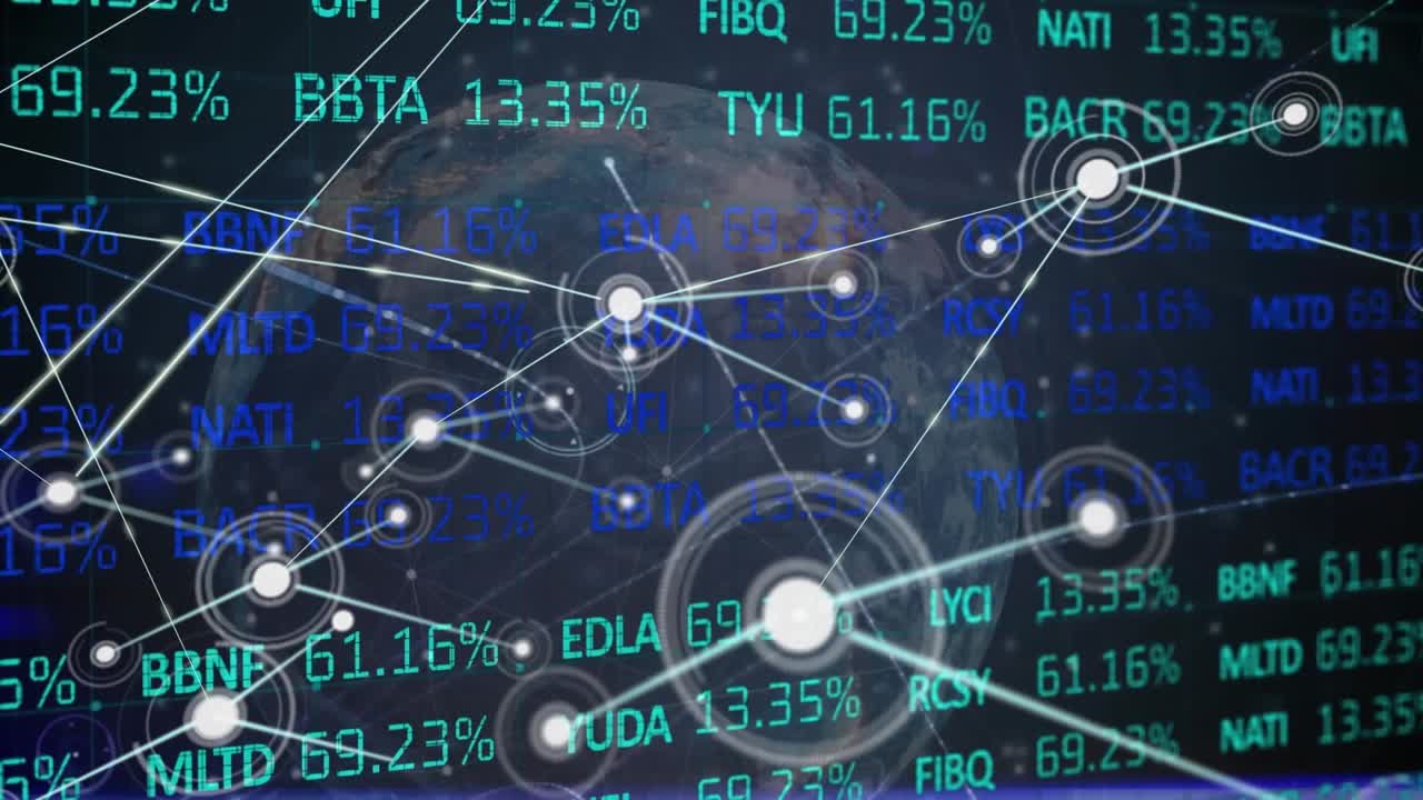 Animation of network of connections with icons and globe over financial data