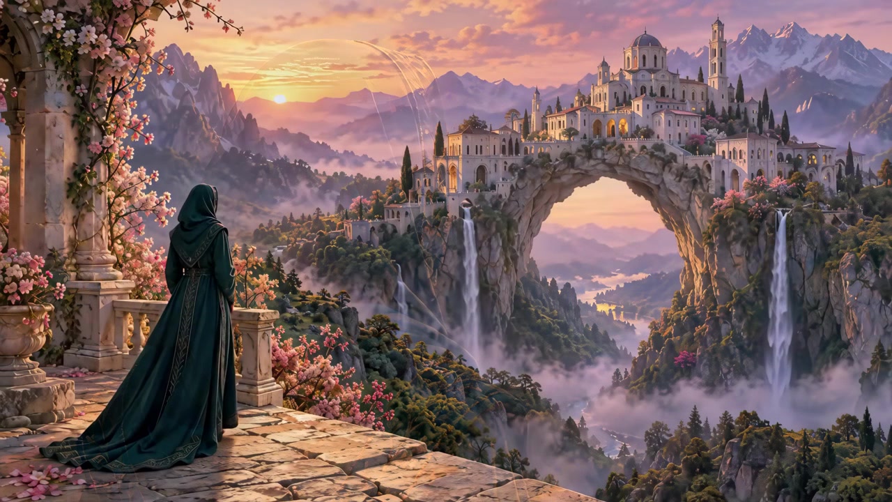 Woman in Cloak Looking at Fantasy Castle on Mountain