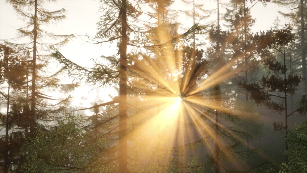 солнечные лучи проходят через туманный лес