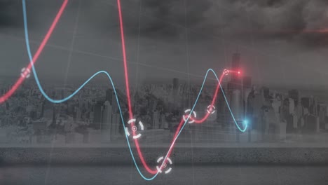 animación de gráficos brillantes que se mueven contra la vista aérea del paisaje urbano